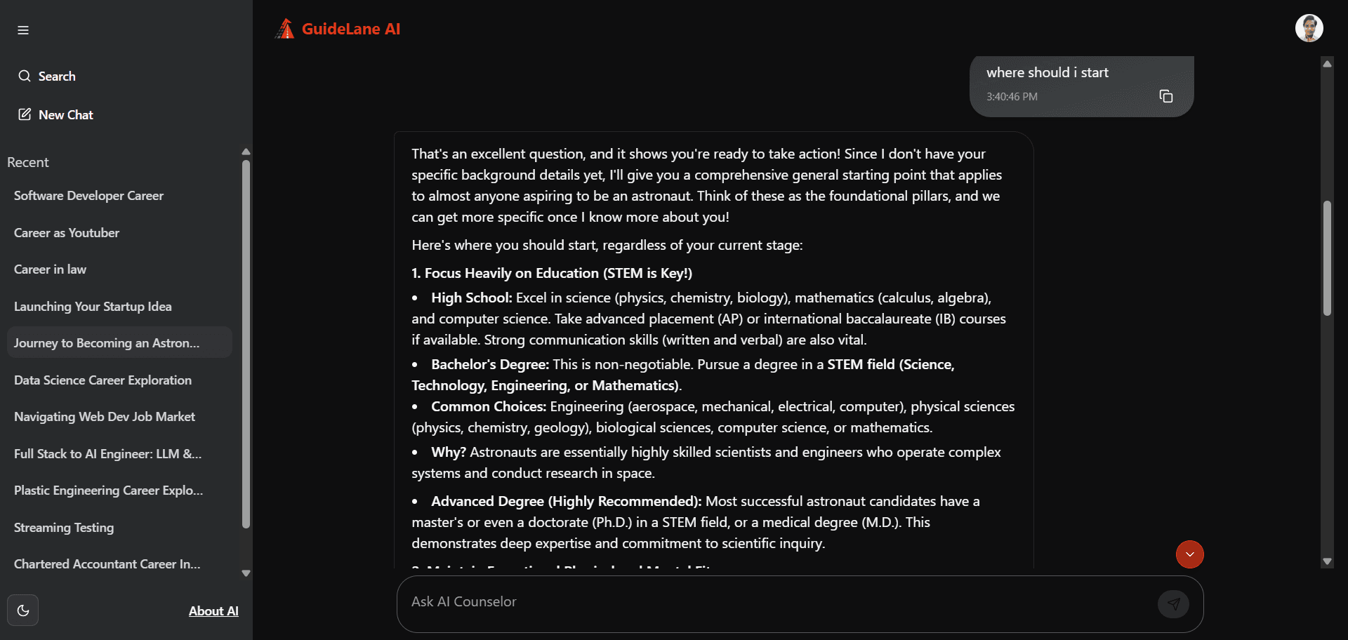 GuideLane AI conversation dark view