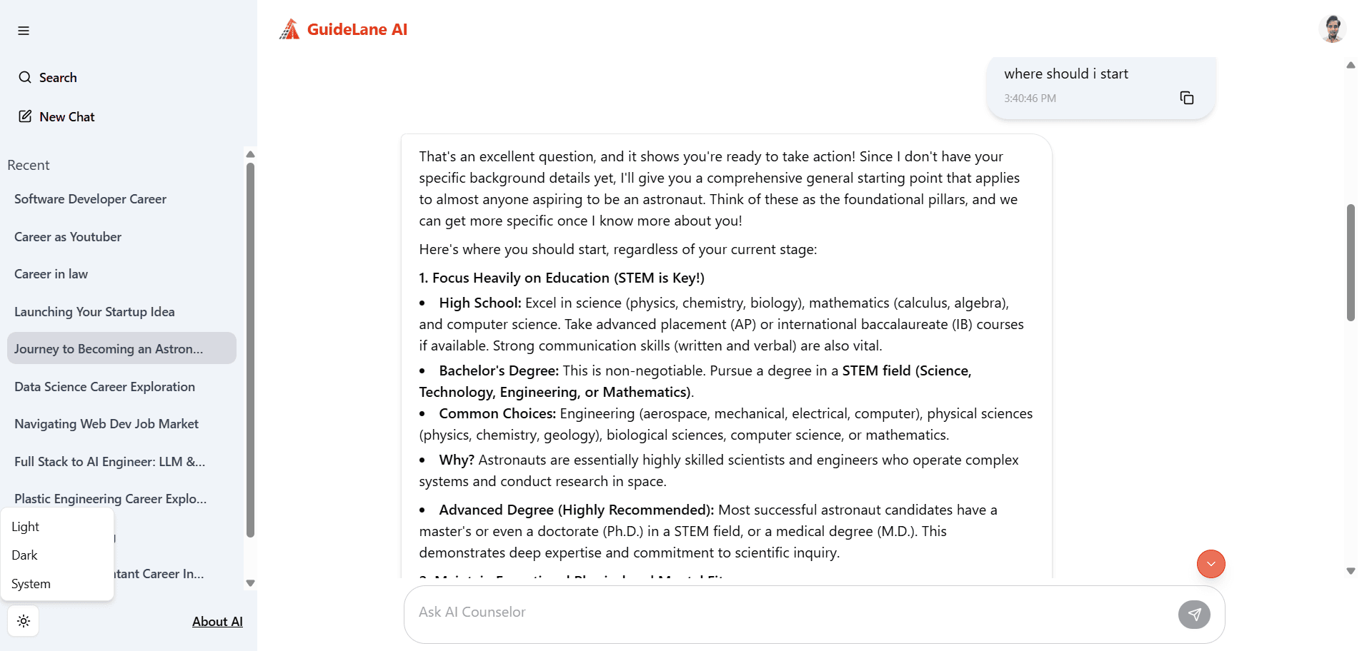 GuideLane AI conversation light view